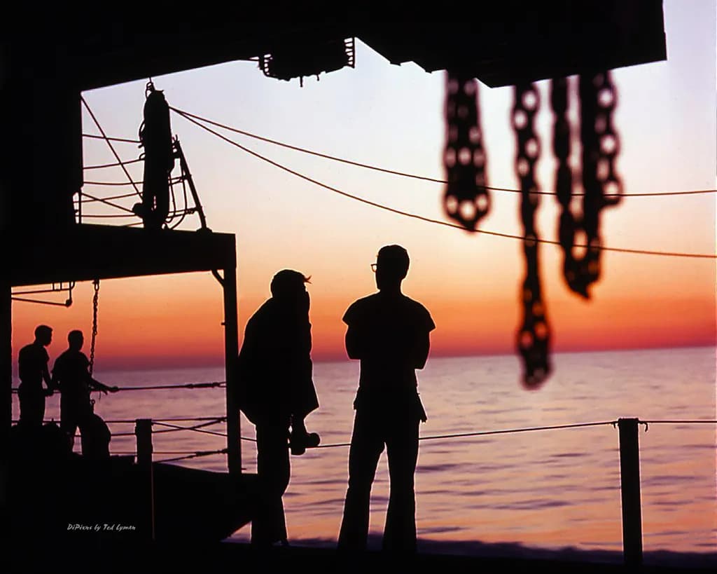 Whispers of the Horizon: Silhouettes at Sunset on the Open Sea