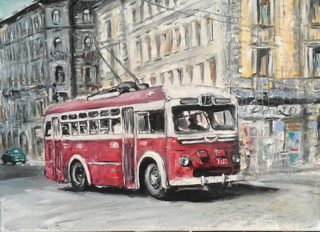 Red Trolley in Motion