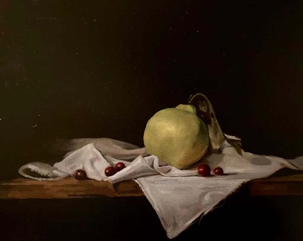 Whispers of Stillness: A Quince and Cherry Reverie on Linen