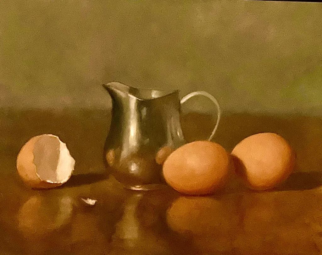 Silent Reflections: A Still Life of Eggs and Silver Elegance