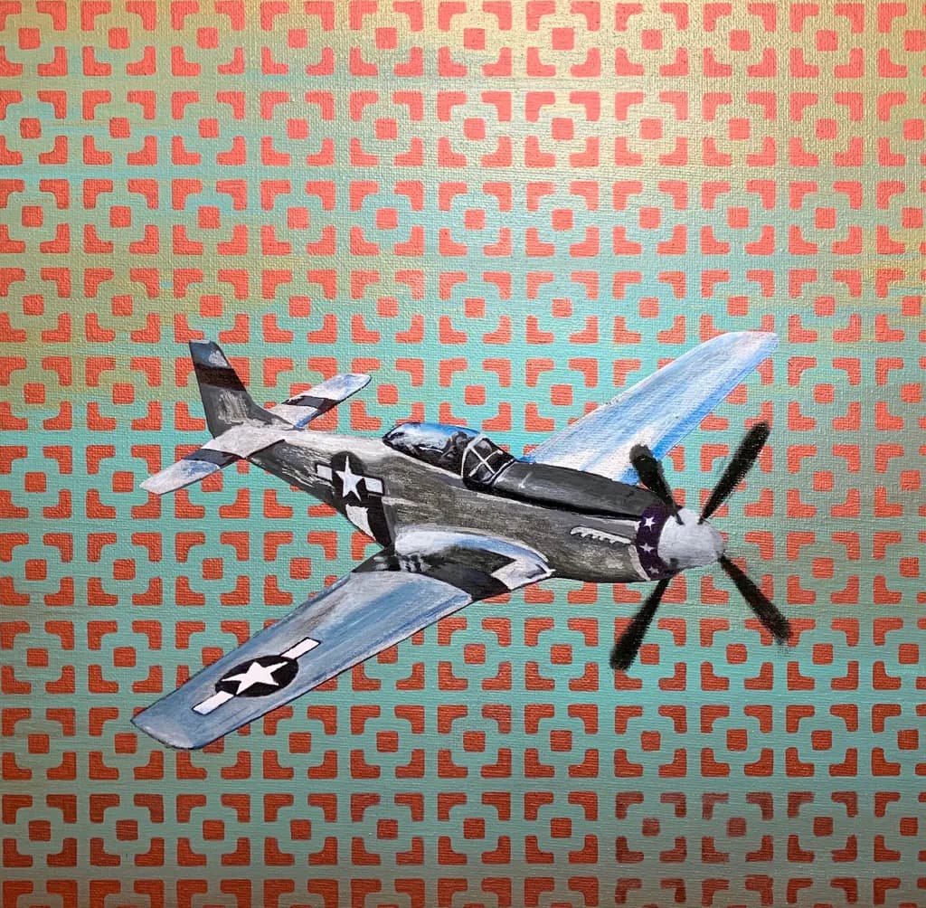 Skyward Journey: A Vintage Aircraft in a Modern Mosaic Background