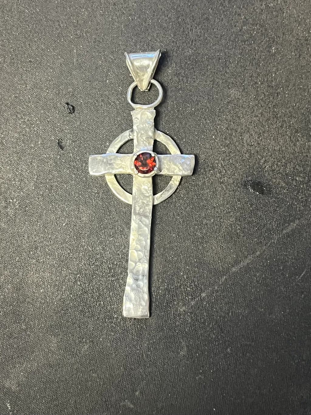 Hammered Garnet Cross Pendant