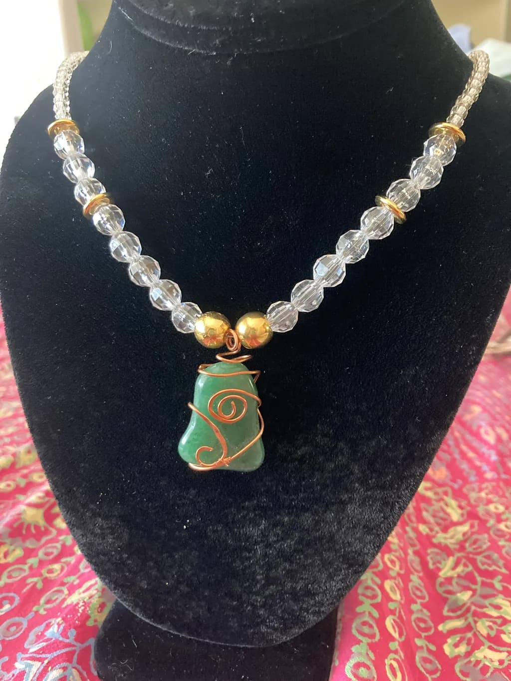 Crystal Bead Necklace with Green Pendant