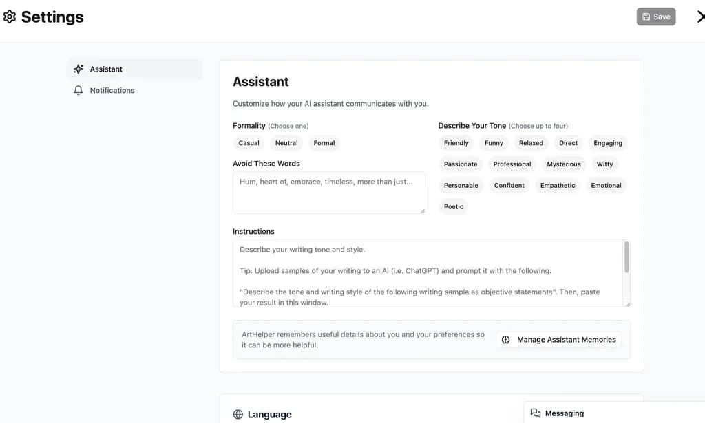 Assistant Settings Panel