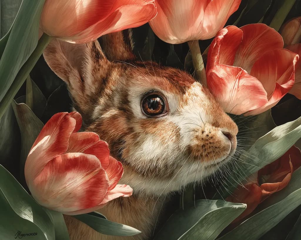 Curious Rabbit Among Tulips