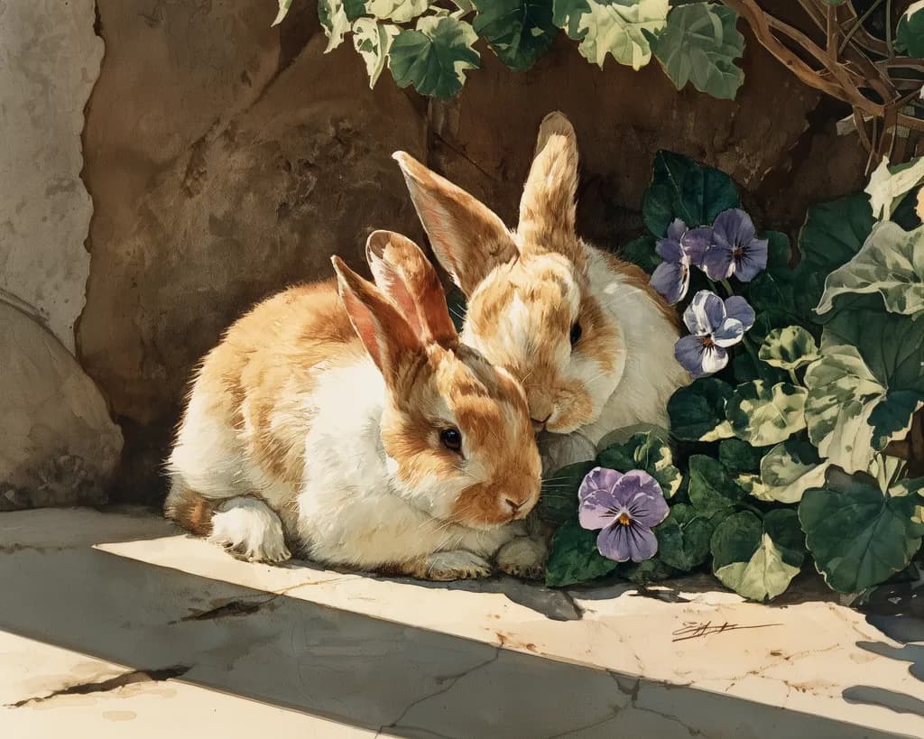 Nuzzling Rabbits and Violets