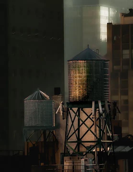 Urban Reflections: Water Towers Against a Misty Skyline