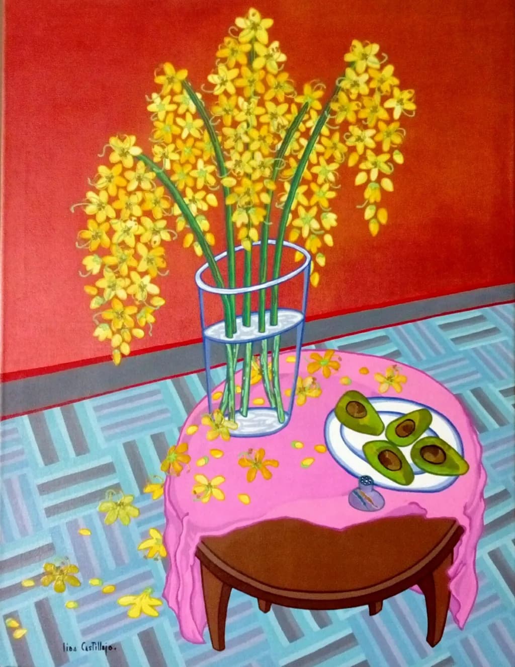 Still life con flores de Lluvia de oro y aguacates