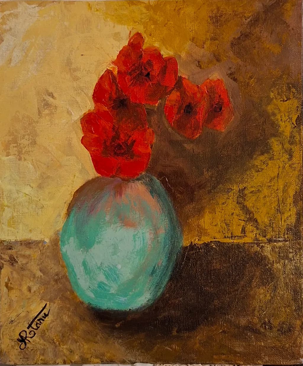 Red Poppies in Blue Vase