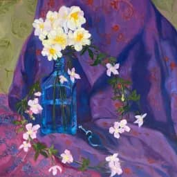 Afternoon Performance: White Daffodils and Trailing Clematis on oriental fabric