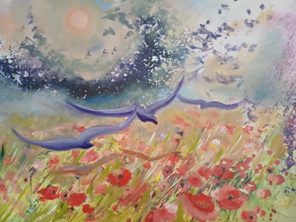 Purple Birds Over Poppies