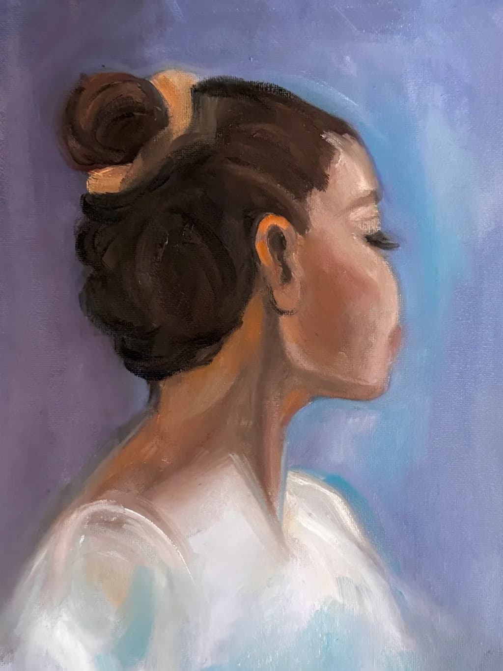 Lavender Profile: Sculptural Bun and White Garment