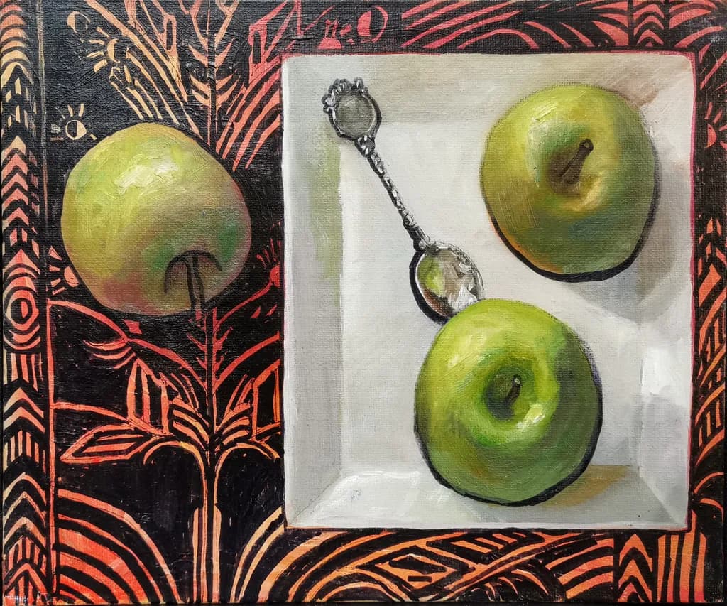 Green Apples on Patterned Table