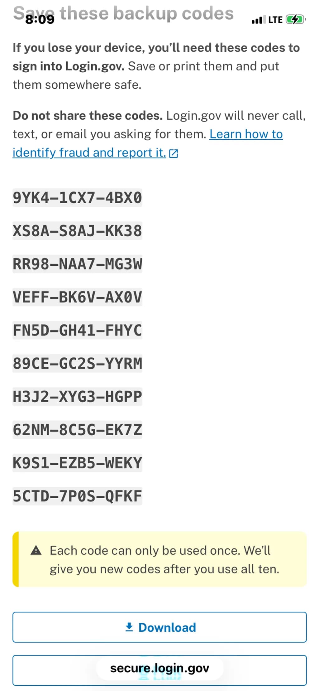 Backup Code List