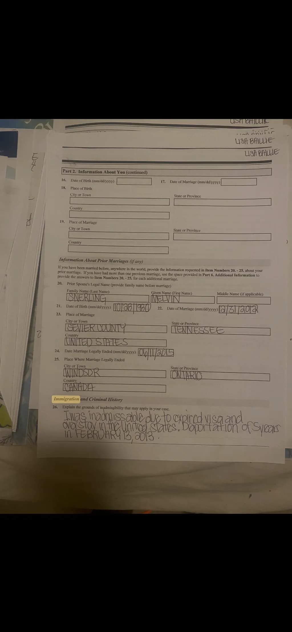 Immigration History Form
