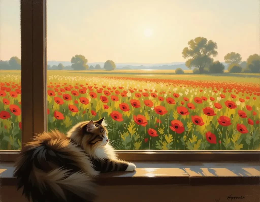 Poppies Window Cat