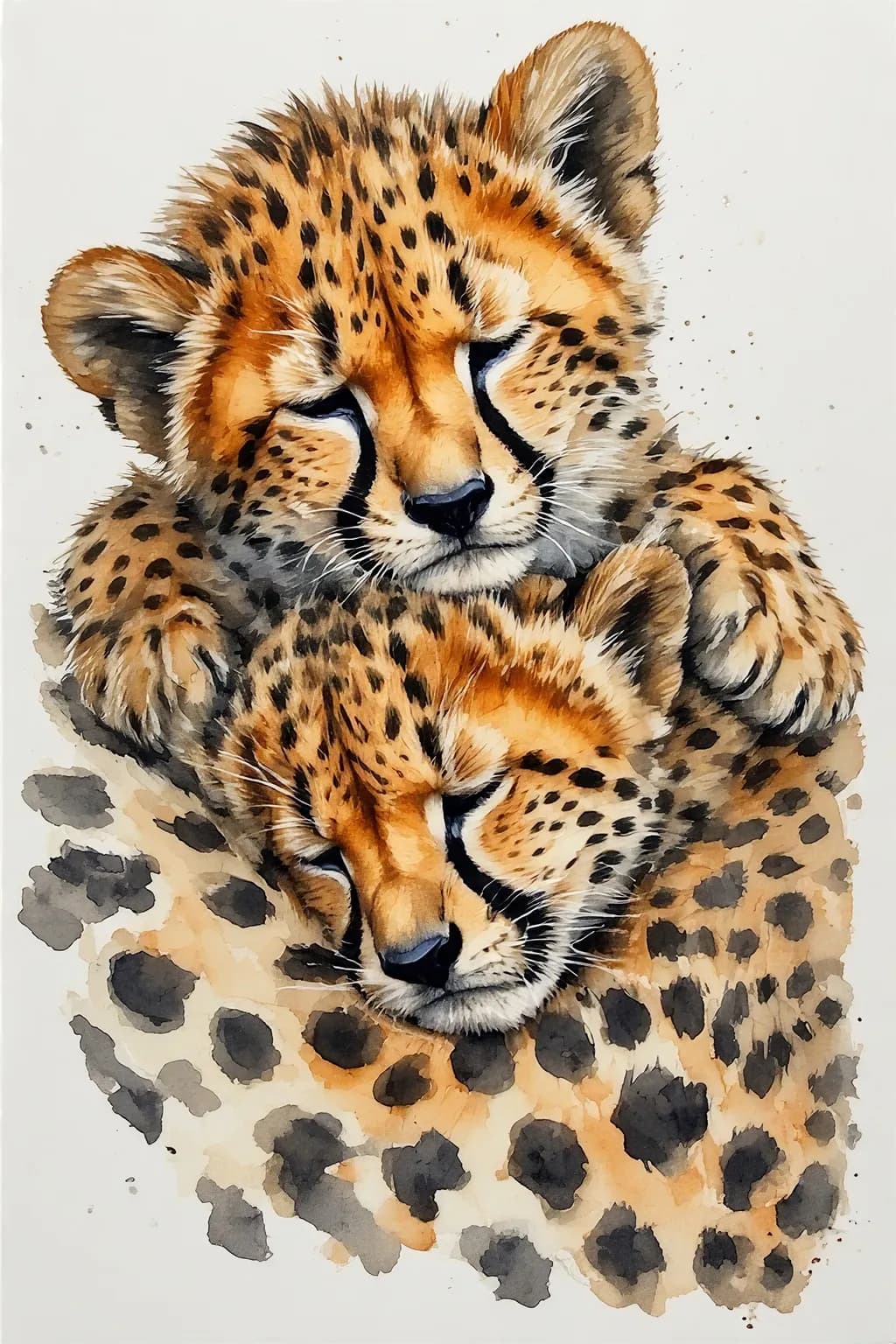 Watercolour Painting of Two Tiny Cheetahs