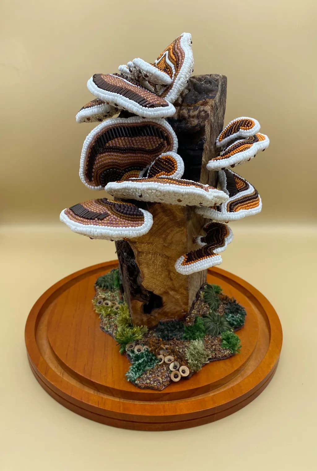 Beaded Mushroom Cluster on Wood