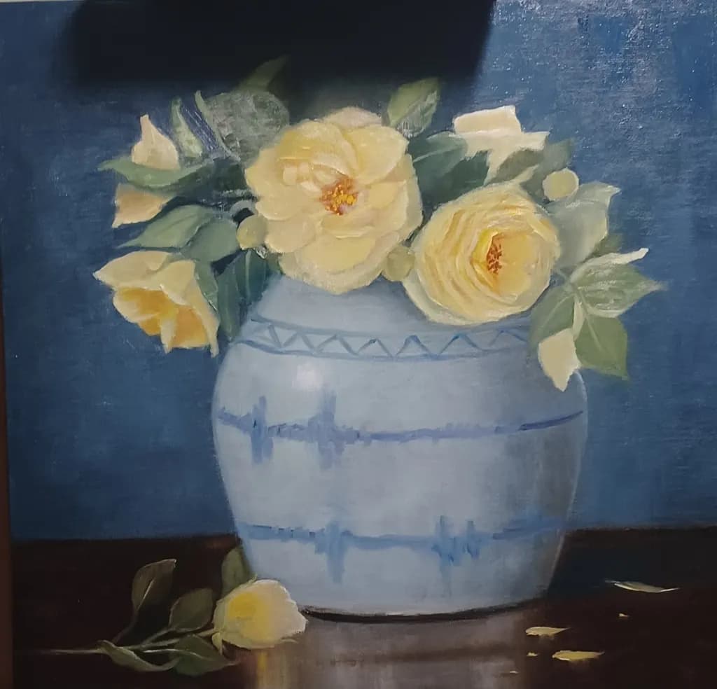 Yellow Roses in Blue Vase