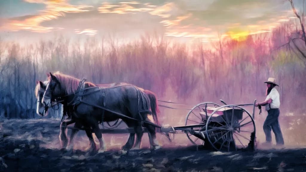Horse-Drawn Plow at Sunset