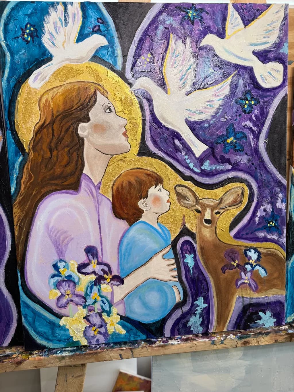 Mother, Child, Deer, Doves