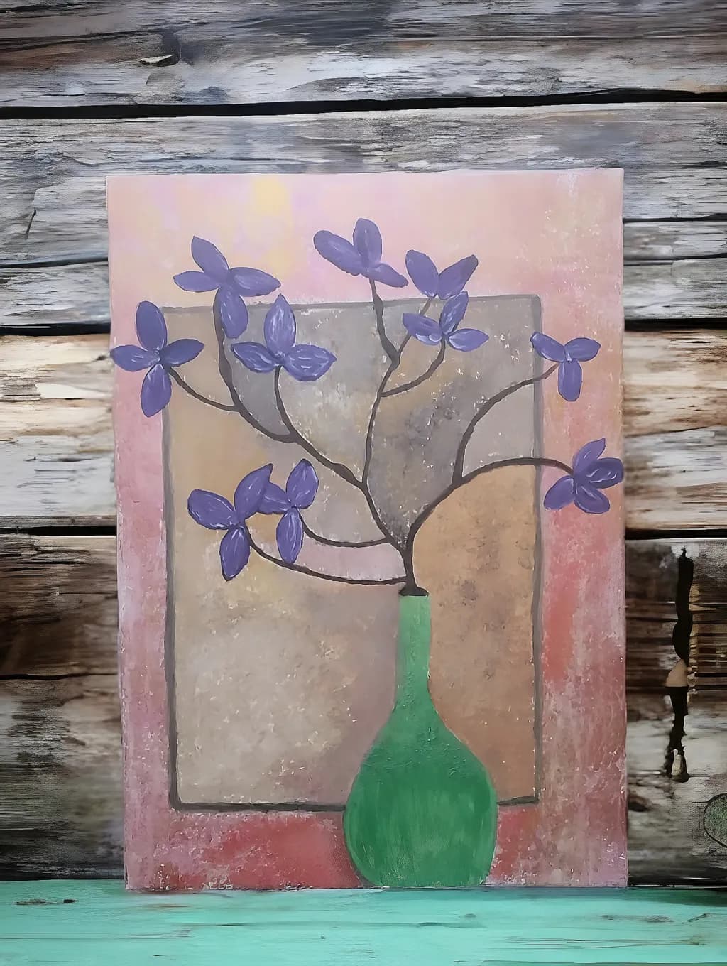 Green Vase with Purple Flowers