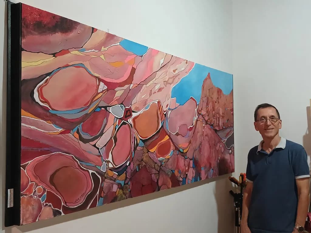 Tectonic Red Rock Stars 90" x 35" Artist Rick Citta near his largest painting.
