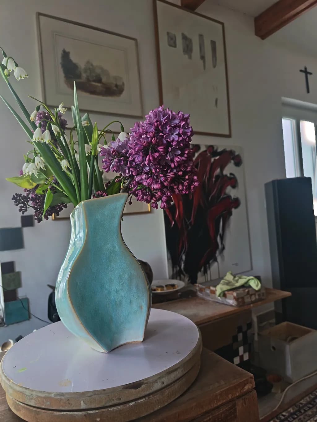 Curved Aqua Vase with Lilacs
