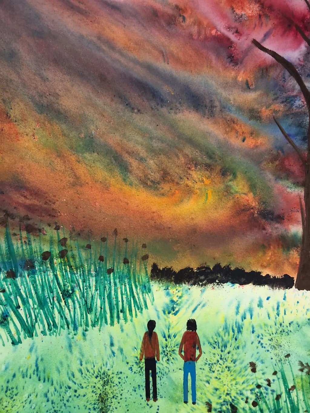 Sunset Landscape with Figures and Grass