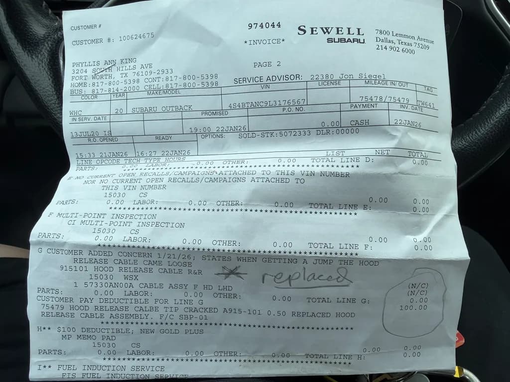 Hood Release Repair Invoice