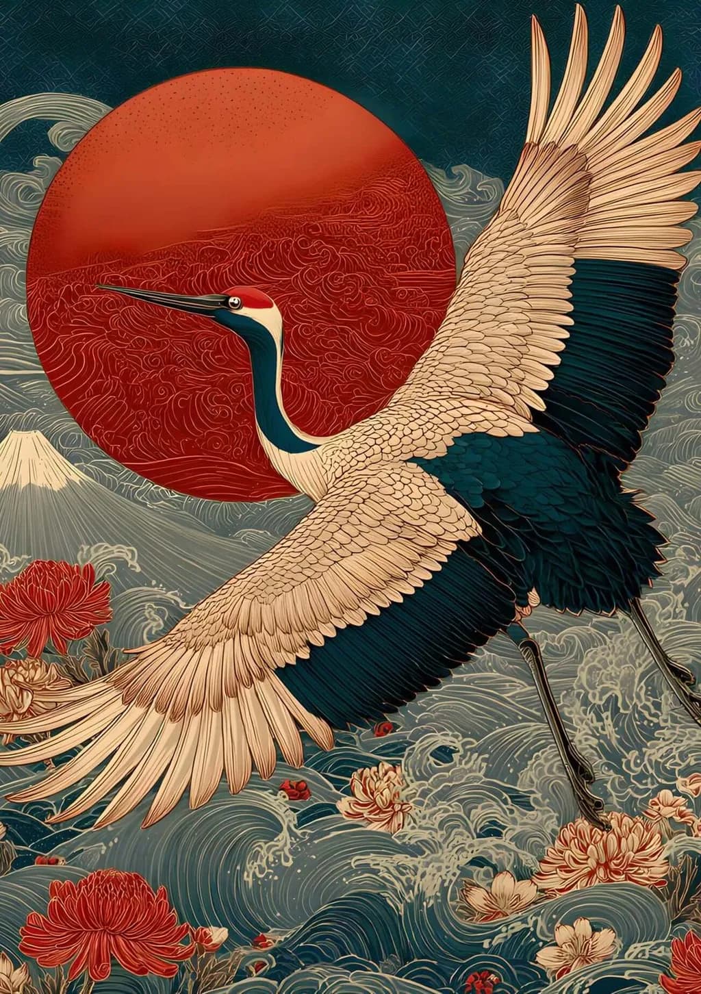 Crane and Red Sun