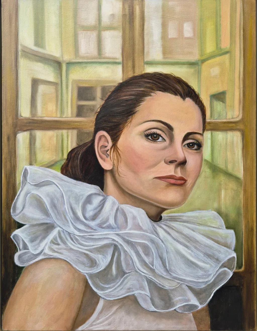 Woman in Ruffled White: Interior Portrait