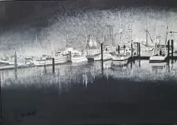 Monochrome Marina - Original acrylic seascape painting for sale