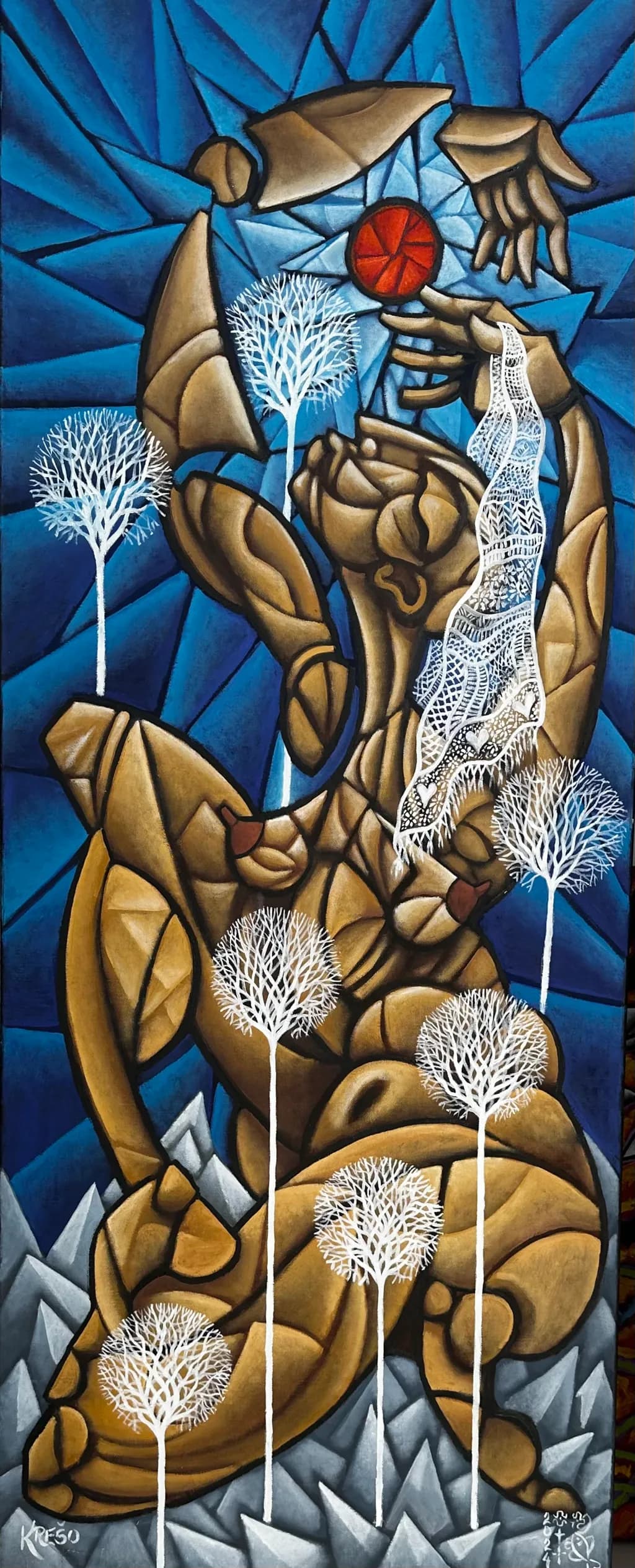 Figure with Trees and Red Sphere