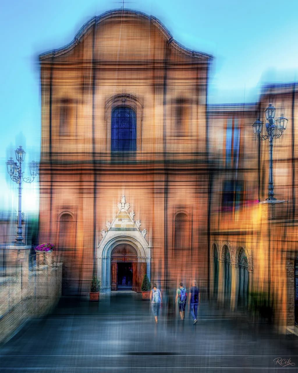 Shadows: pilgrims journeying toward the dreamlike Cathedral