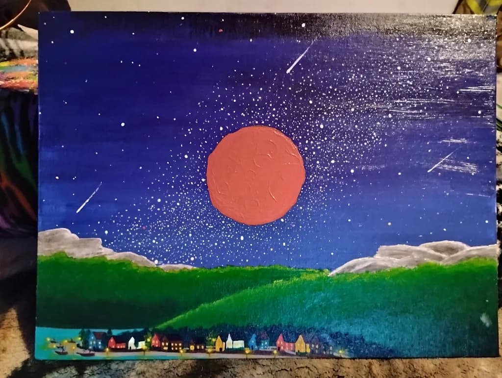 Crimson Moon Over Village