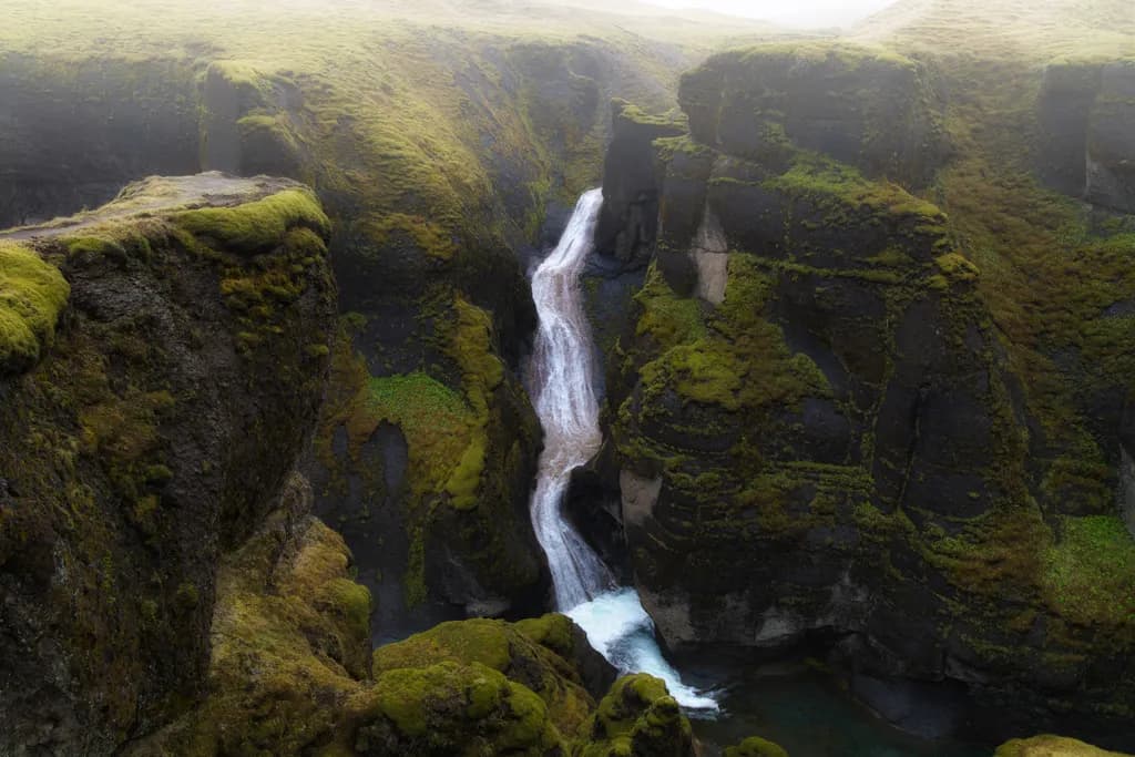Fjaðrárgljúfur Canyon Waterfall