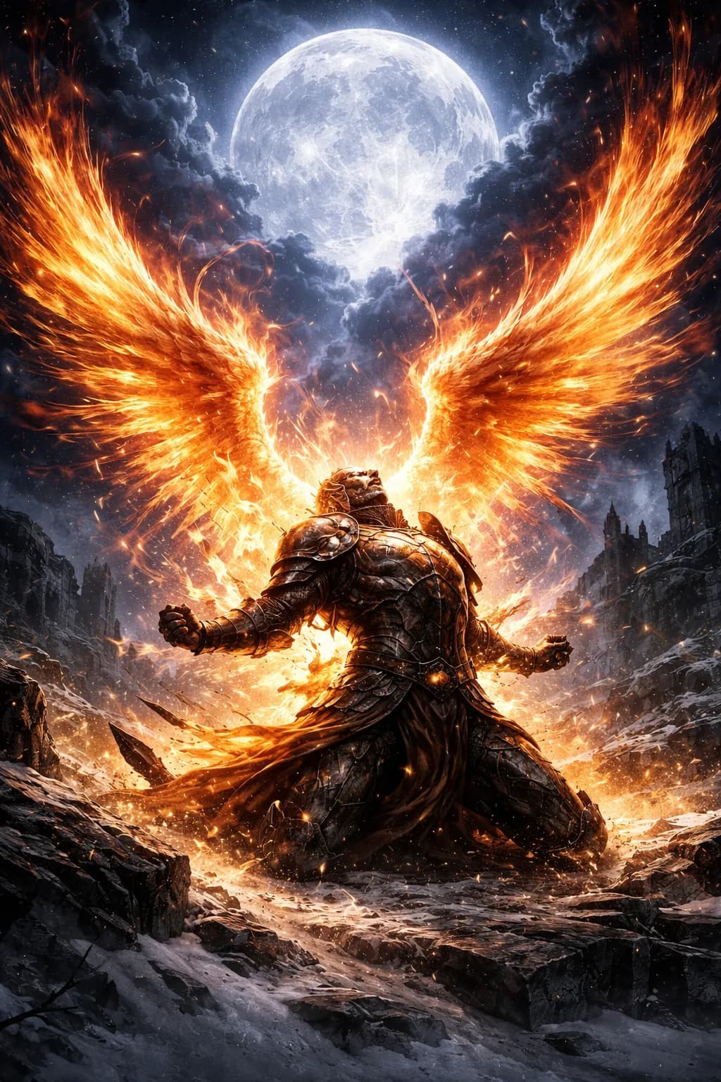Fiery Winged Warrior Under Moon
