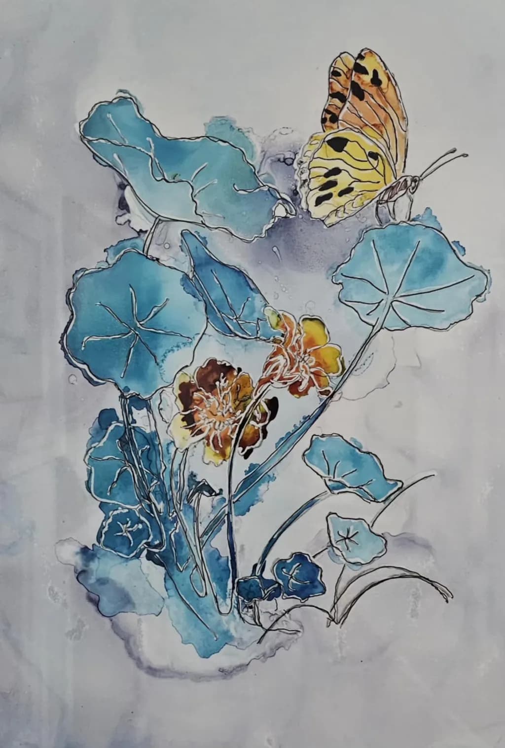 Blue Leaves and Butterfly