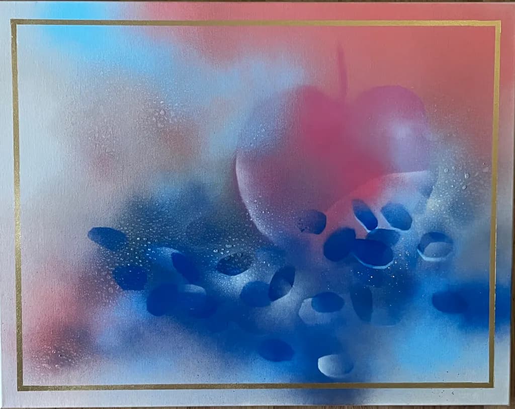 “The pink apple that had an aroma of spring was consumed by the blue raisins”