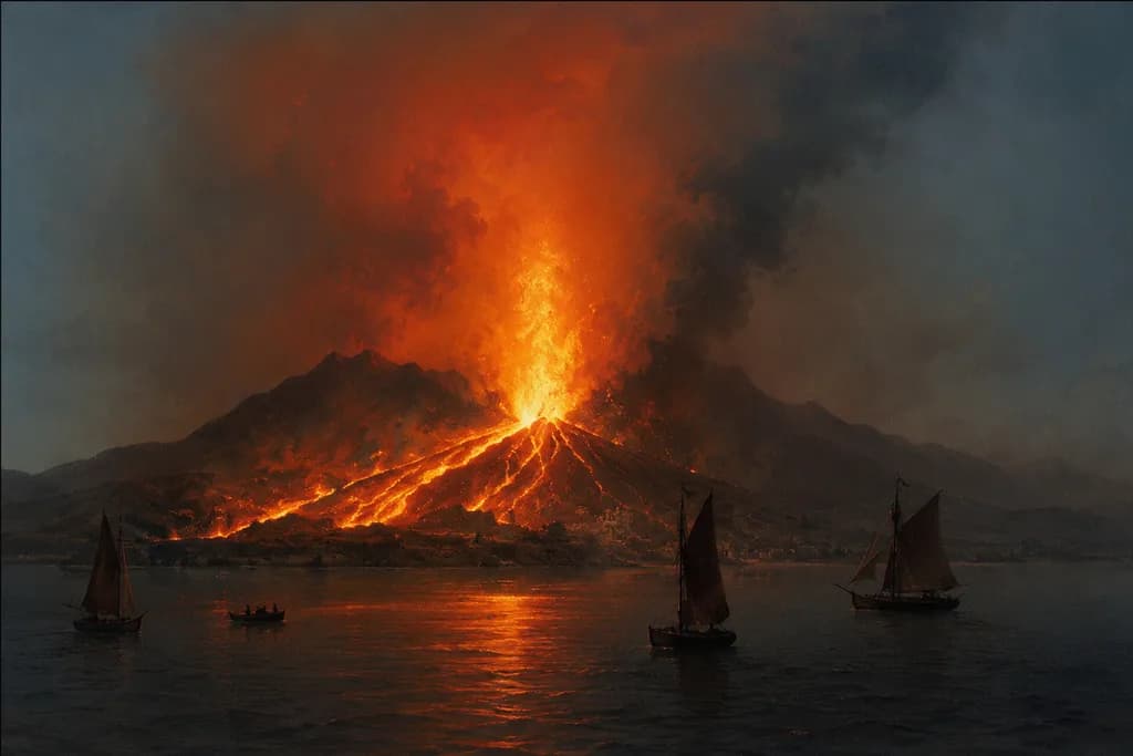 1868 Vesuvius Volcano Erupting Wall Art — Historic Restoration, Fiery Pompeii Eruption, Sailboat Rescue