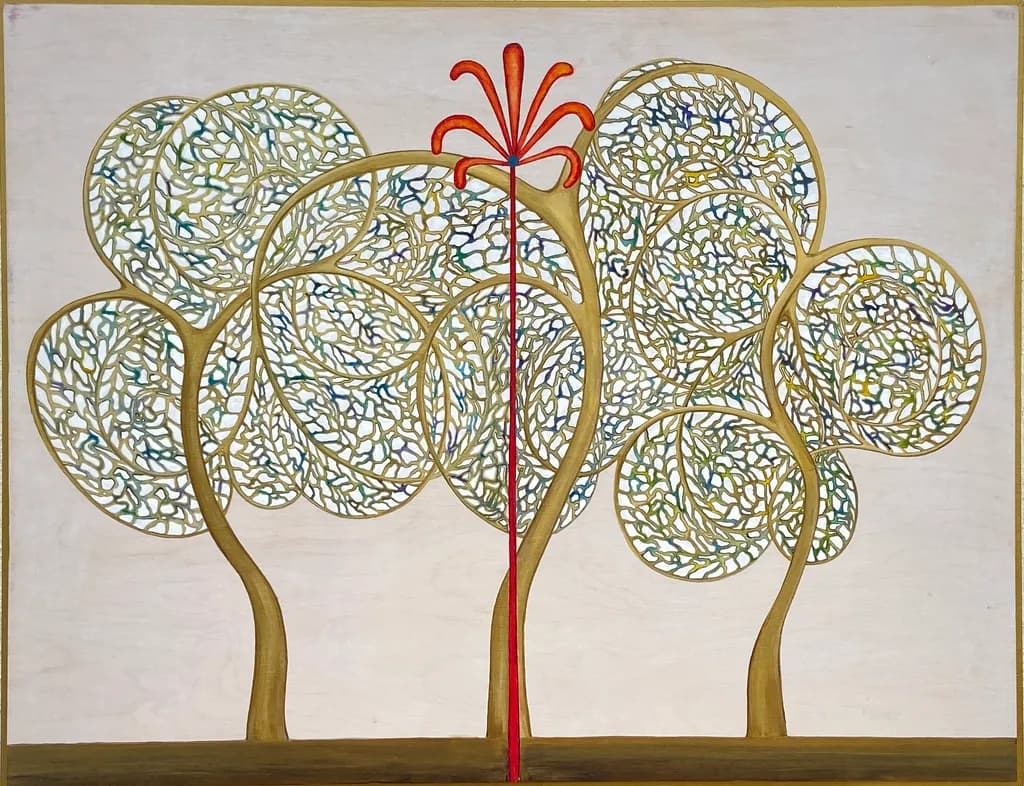 Tree Trio with Red Bloom