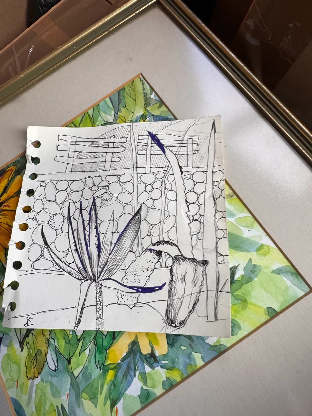 Garden Sketch with Stone Wall