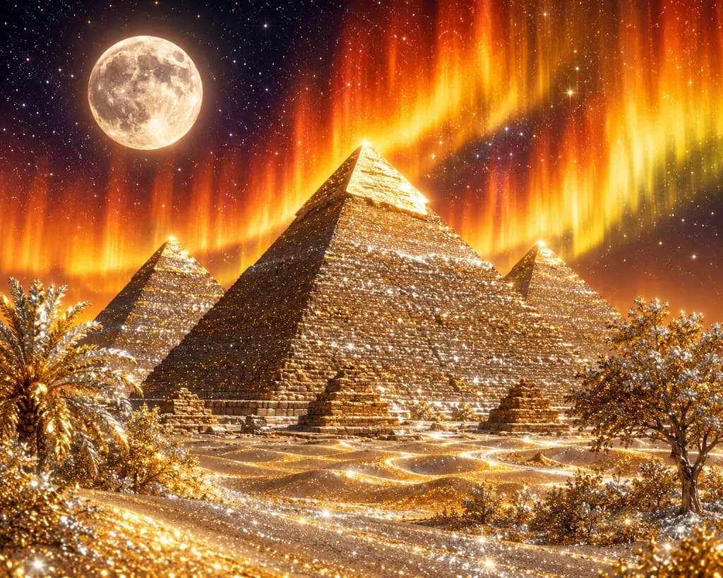 Golden Pyramids under Aurora Moon
