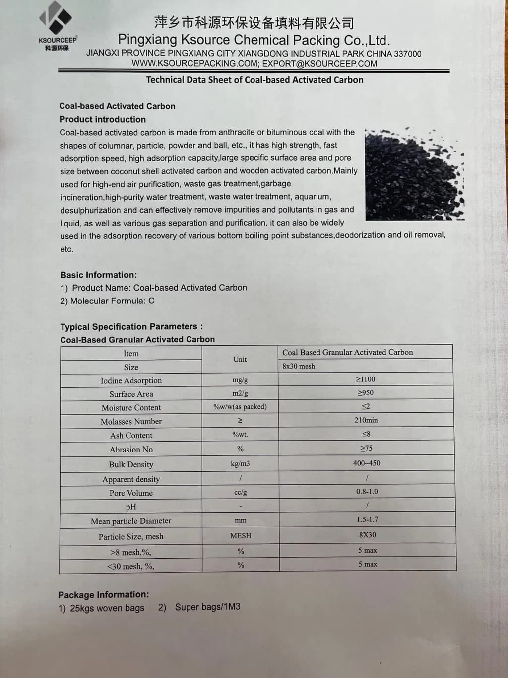 Coal-based Activated Carbon Data Sheet