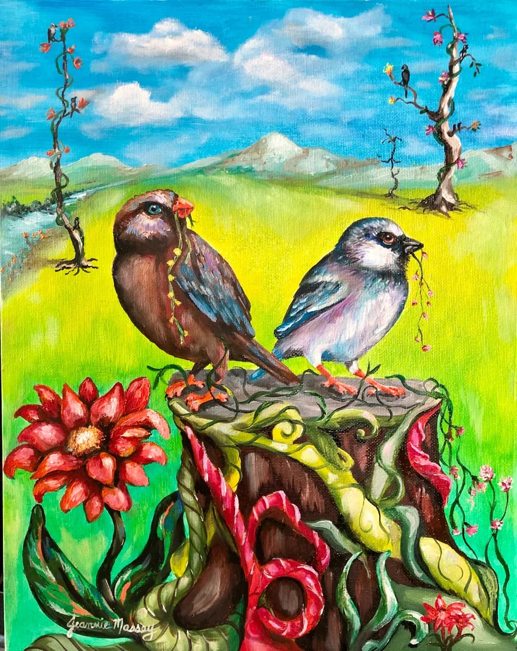 Twin Songbirds on a Stump