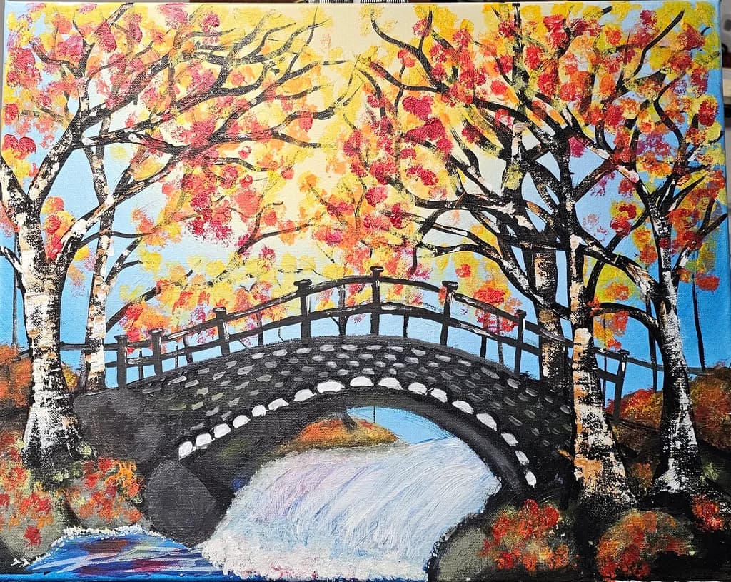 Autumn Bridge Over Waterfall