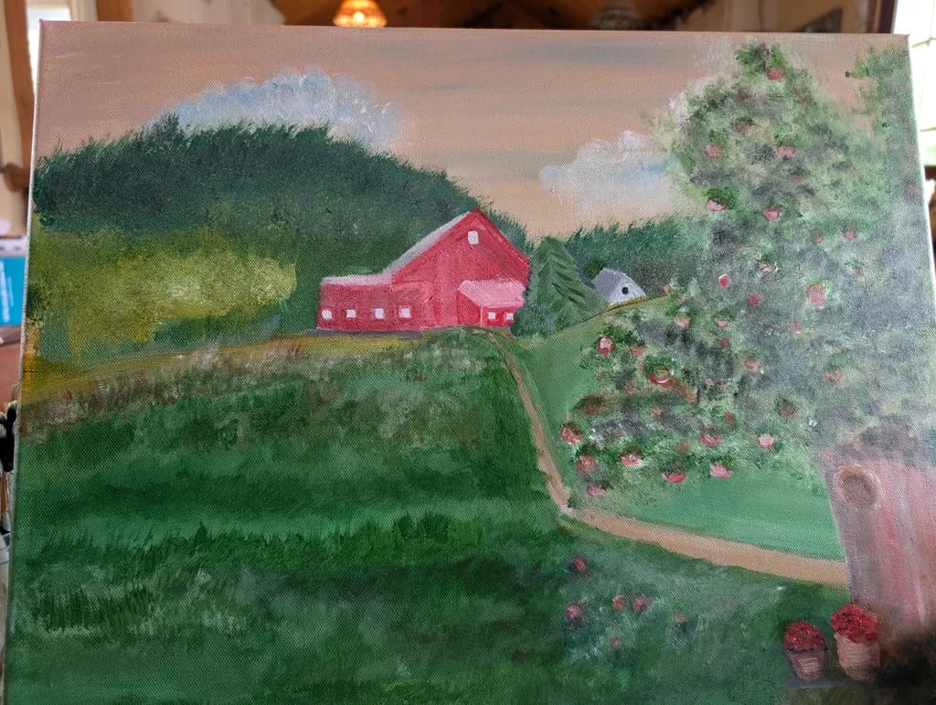 Red Farmhouse Orchard Path