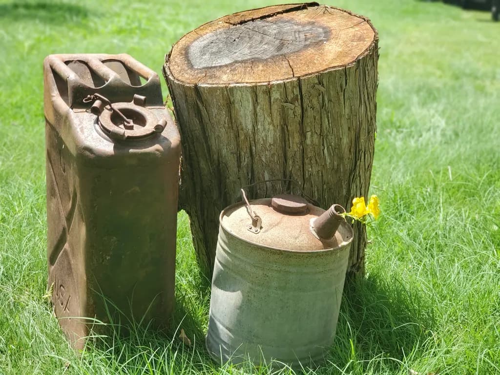 Rustic Gasoline Cans and Stump