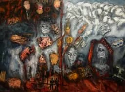 “Apocalipse NOW?"  © adagp Flo Dinis Klopries, 2021 diptych, mixed media on canvas. 140x200 cm